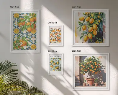 Set van moderne schilderijen met citrusvruchten, bloemen en een vintage uitstraling