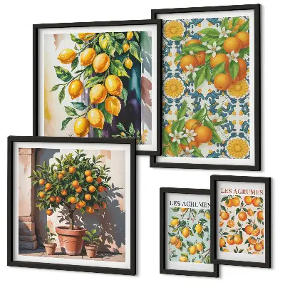 Set van moderne schilderijen met citrusvruchten, bloemen en een vintage uitstraling
