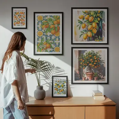 Set van moderne schilderijen met citrusvruchten, bloemen en een vintage uitstraling
