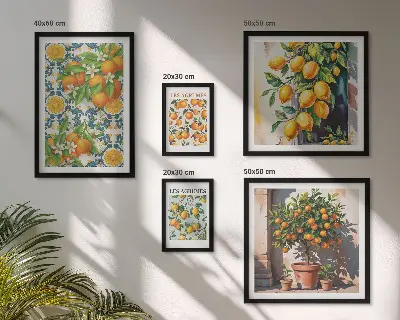 Set van moderne schilderijen met citrusvruchten, bloemen en een vintage uitstraling