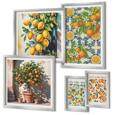 Set van moderne schilderijen met citrusvruchten, bloemen en een vintage uitstraling