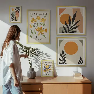 Set van moderne schilderijen met abstracte bloemen in boho-stijl