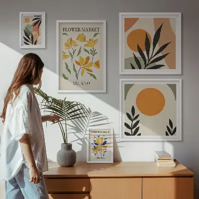Set van moderne schilderijen met abstracte bloemen in boho-stijl