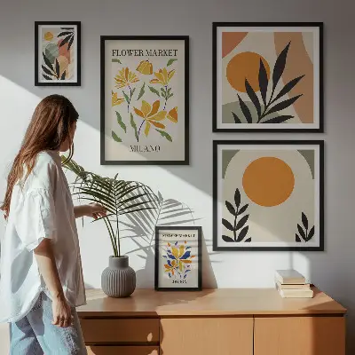 Set van moderne schilderijen met abstracte bloemen in boho-stijl
