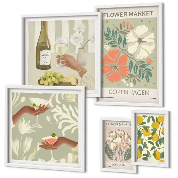 Set van moderne schilderijen met bloemen en fruit in vintage stijl