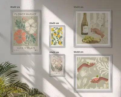 Set van moderne schilderijen met bloemen en fruit in vintage stijl