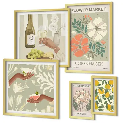Set van moderne schilderijen met bloemen en fruit in vintage stijl