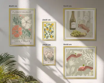 Set van moderne schilderijen met bloemen en fruit in vintage stijl
