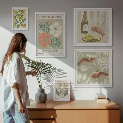 Set van moderne schilderijen met bloemen en fruit in vintage stijl