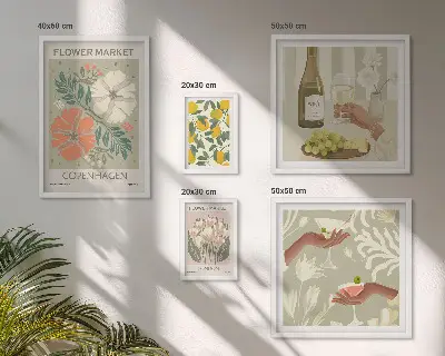 Set van moderne schilderijen met bloemen en fruit in vintage stijl