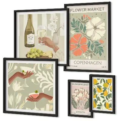 Set van moderne schilderijen met bloemen en fruit in vintage stijl