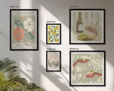 Set van moderne schilderijen met bloemen en fruit in vintage stijl