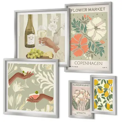 Set van moderne schilderijen met bloemen en fruit in vintage stijl