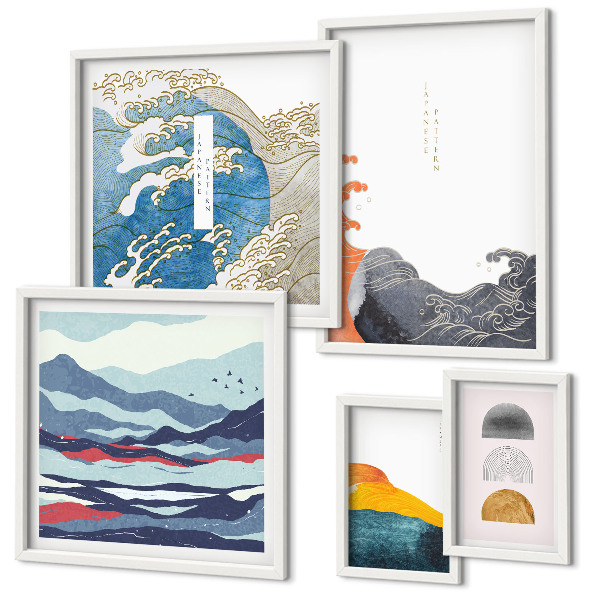 Gallery wall Japanse stijl met golven en bergen als decoratie