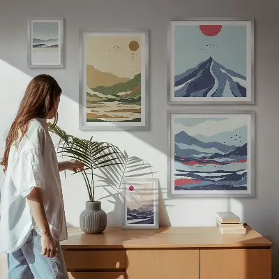 Moderne schilderijen set met berglandschappen en natuur