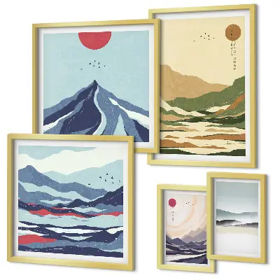 Moderne schilderijen set met berglandschappen en natuur