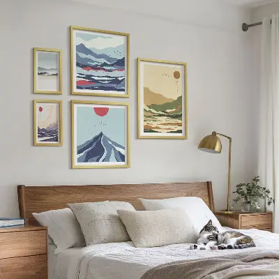 Moderne schilderijen set met berglandschappen en natuur