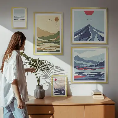 Moderne schilderijen set met berglandschappen en natuur