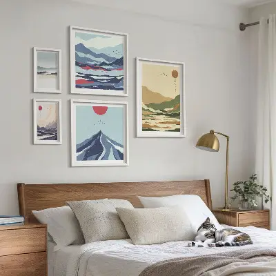 Moderne schilderijen set met berglandschappen en natuur