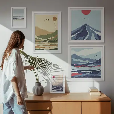 Moderne schilderijen set met berglandschappen en natuur