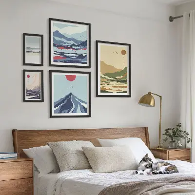 Moderne schilderijen set met berglandschappen en natuur