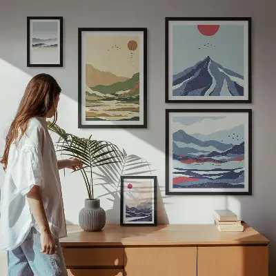 Moderne schilderijen set met berglandschappen en natuur