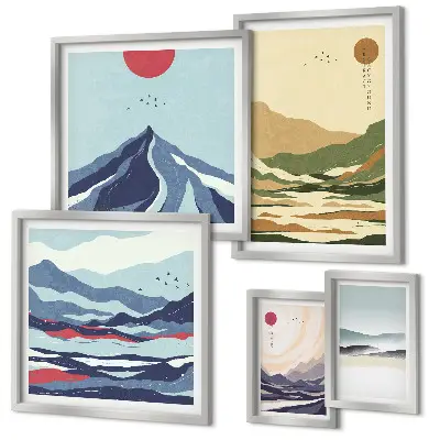 Moderne schilderijen set met berglandschappen en natuur