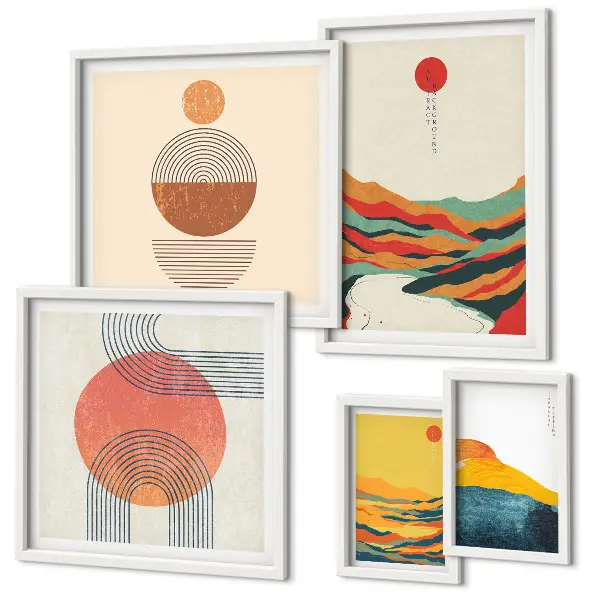 Set van moderne schilderijen met abstracte geometrische landschappen
