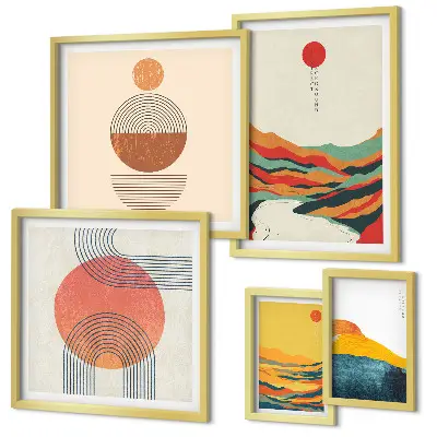 Set van moderne schilderijen met abstracte geometrische landschappen
