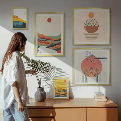 Set van moderne schilderijen met abstracte geometrische landschappen