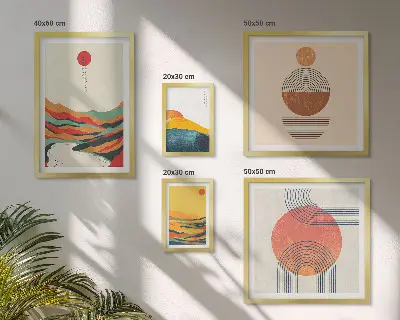 Set van moderne schilderijen met abstracte geometrische landschappen