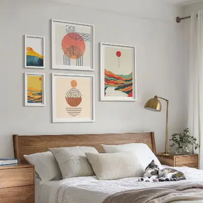 Set van moderne schilderijen met abstracte geometrische landschappen