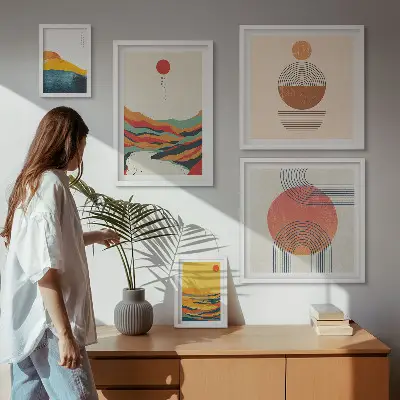 Set van moderne schilderijen met abstracte geometrische landschappen
