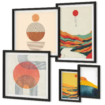 Set van moderne schilderijen met abstracte geometrische landschappen