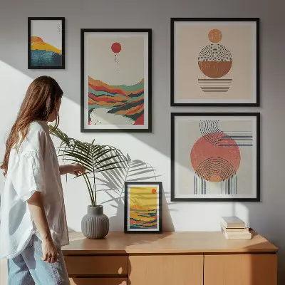 Set van moderne schilderijen met abstracte geometrische landschappen
