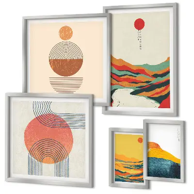 Set van moderne schilderijen met abstracte geometrische landschappen