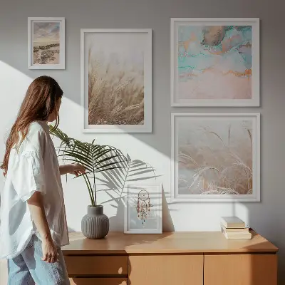 Set van moderne schilderijen met natuurlijke boho-etnische landschappen