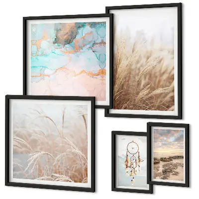 Set van moderne schilderijen met natuurlijke boho-etnische landschappen