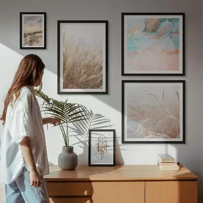 Set van moderne schilderijen met natuurlijke boho-etnische landschappen