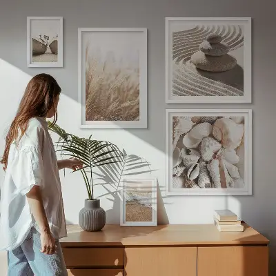 Gallery wall met schelpen en zand van de kust