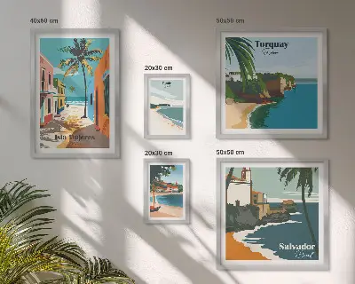 Moderne schilderijen set Kleurrijke stranden aan de kust