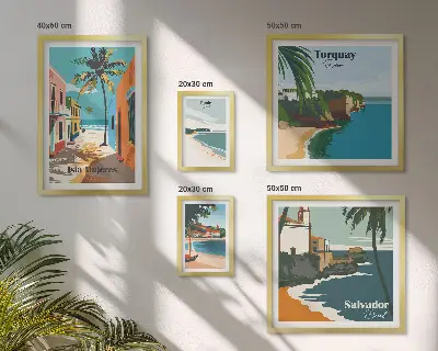 Moderne schilderijen set Kleurrijke stranden aan de kust