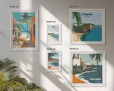 Moderne schilderijen set Kleurrijke stranden aan de kust