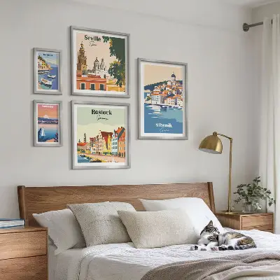 Moderne schilderijen set met landschappen van kuststeden