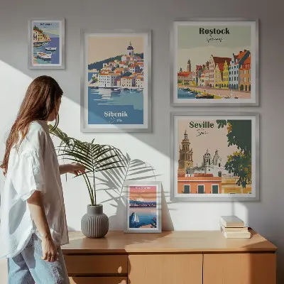 Moderne schilderijen set met landschappen van kuststeden