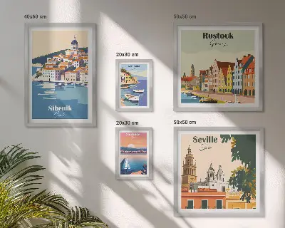 Moderne schilderijen set met landschappen van kuststeden