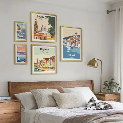 Moderne schilderijen set met landschappen van kuststeden