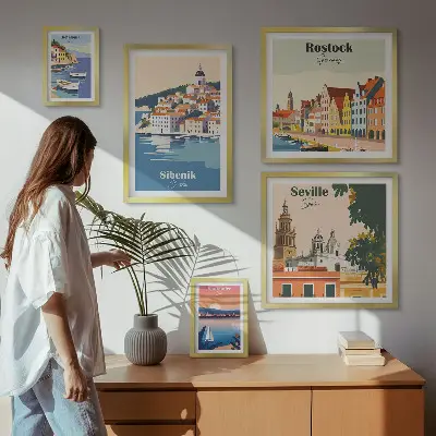 Moderne schilderijen set met landschappen van kuststeden