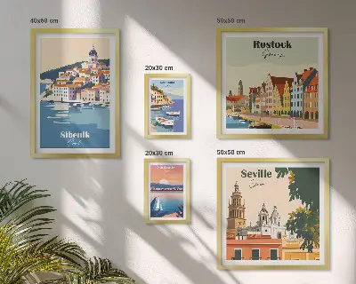 Moderne schilderijen set met landschappen van kuststeden