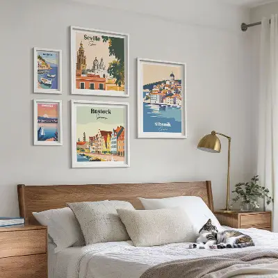 Moderne schilderijen set met landschappen van kuststeden